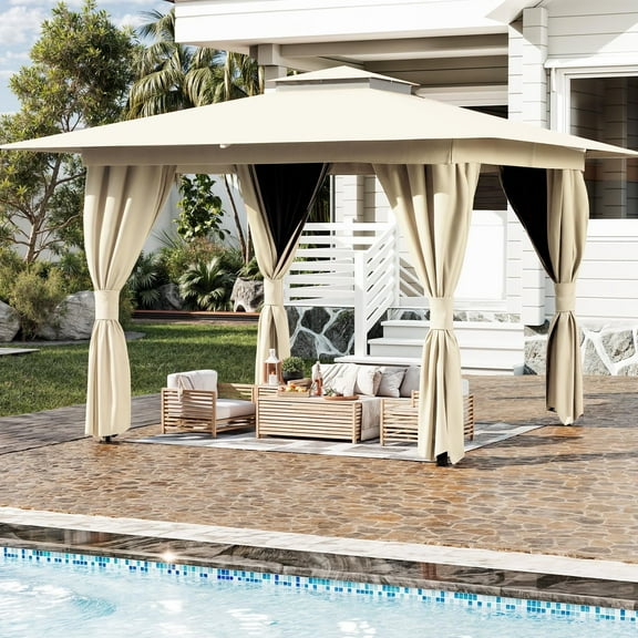 Erommy 8 ' x 8 ' Outdoor Gazebo,Double Roof Canopy Gazebo with Mosquito Nettings and Privacy Curtains for Deck,Kahaki