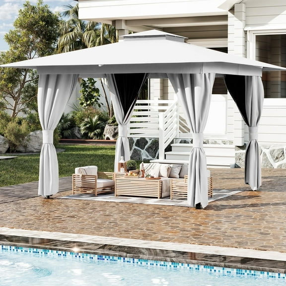 Erommy 8 ' x 8 ' Outdoor Gazebo,Double Roof Canopy Gazebo with Mosquito Nettings and Privacy Curtains for Garden,White