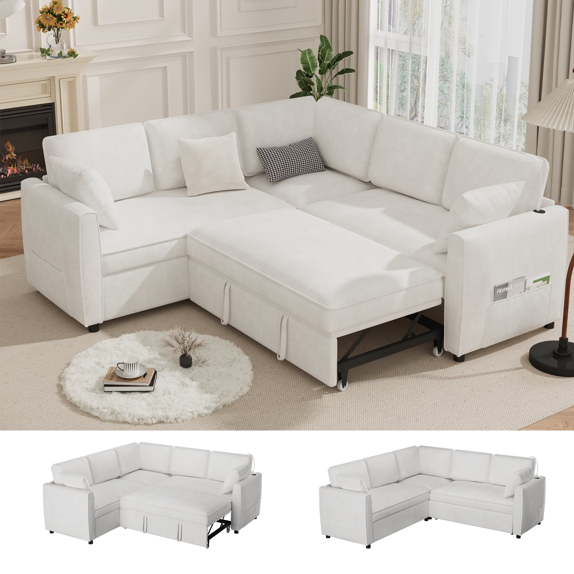 EROMMY 87" Sectional Sofa Couch with Pull out Bed, 5 Seat L Shaped Pull ...