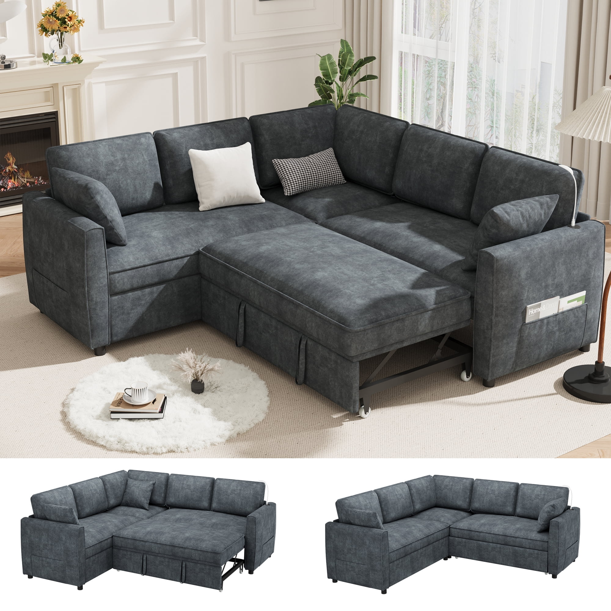 EROMMY 87" Sectional Sofa Couch with Pull out Bed, 5 Seat L Shaped Pull ...