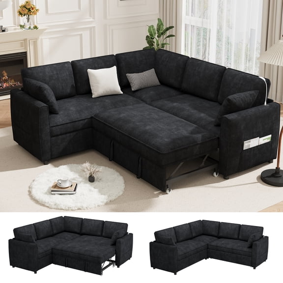 EROMMY 87" Sectional Sofa Couch with Pull out Bed, 5 Seat L Shaped Pull out Couch Bed with USB Ports, Velvet Modular Sleeper Sofa Bed with Throw Pillows, Large Sectional Couches, Black