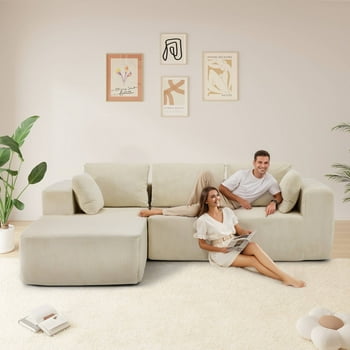 EROMMY Boneless Couch Sectional with L Shape Chaise, Fluffy Comfy Cloud Couch Sectional Boneless Sofa with Deep Seat & Throw Pillow, Boneless Couches for Living Room, No Assembly Required, Beige