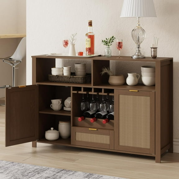 EROMMY Buffet Cabinets with Storage, 51" Rattan Sideboard with Removable Wine Rack and Glass Holders, Boho Farmhouse Wine Liquor Cabinet for Dining Kitchen Living Room Entryway (Walnut)