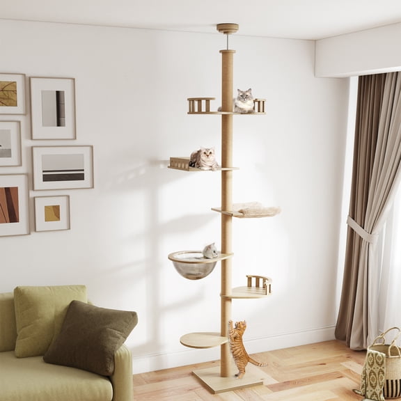 EROMMY Cat Tree Floor to Ceiling Natural Sisal Rope Scratching Post Height: 86"-106" Adjustable Cat Tree Cat Modern Activity Tree