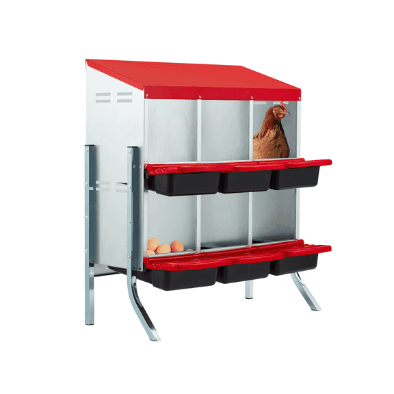 EROMMY Chicken Nesting Box, 6 Compartment Metal Chicken Laying Box, Chicken Brooder Box with Egg Collection for Chicken Coop, Wall Mount or Free Standing, Red