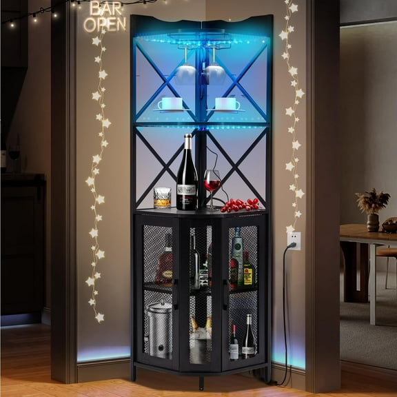 EROMMY Corner Bar Cabinet with Power Outlet, 5-Tiers Wine Bar Cabinet with LED Light and Glass Holder, Industrial Home Bar for Dining Room, Living Room, Kitchen, Modern Black
