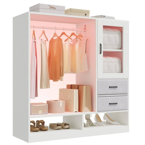 EROMMY Dresser with Hanging Rack, Clothes Rack Dresser with LED Lights, White Dresser with Fabric Drawers and Glass Cabinet, Chest of Drawer for Bedroom