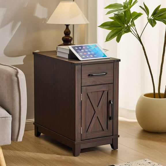 EROMMY Farmhouse End Table with Charging Station, Narrow Side Table for Living Room, Nightstand with Drawer and Storage Cabinet, Adjustable Shelf, Choco