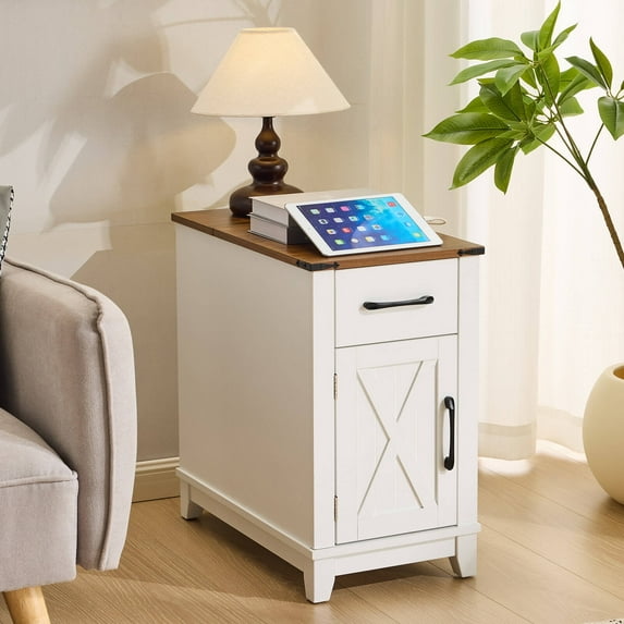 EROMMY Farmhouse End Table with Charging Station, Narrow Side Table for Living Room, Nightstand with Drawer and Storage Cabinet, Adjustable Shelf, White