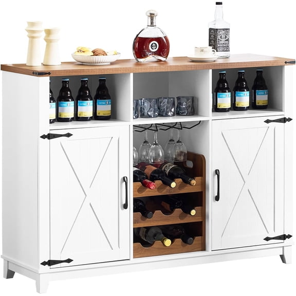 EROMMY Farmhouse Wine Bar Cabinet, 51" Sideboard Buffet Cabinet with Detachable Wine Rack and 3 Open Storage Compartments, Rustic Liquor Cabinet for Dining, Living Room, Kitchen, White