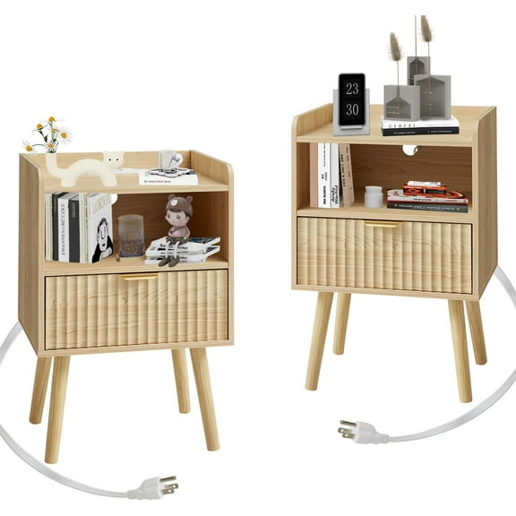 EROMMY Fluted Nightstand with Charging Station, 16" Modern Bedside Table with Drawer, Mid Century Nightstand with Storage, End Table for Bedroom, Curved Profile, Walnut, Set of 2