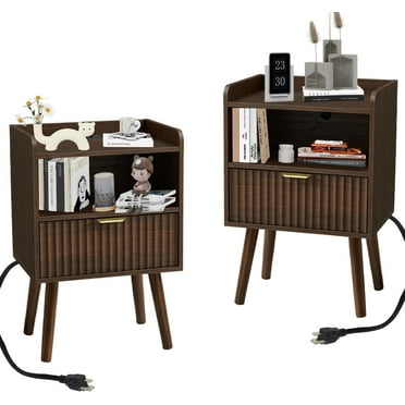 EROMMY Fluted Nightstand with Charging Station, 16" Modern Bedside Table with Drawer, Mid Century Nightstand with Storage, End Table for Bedroom, Curved Profile, Walnut, Set of 2