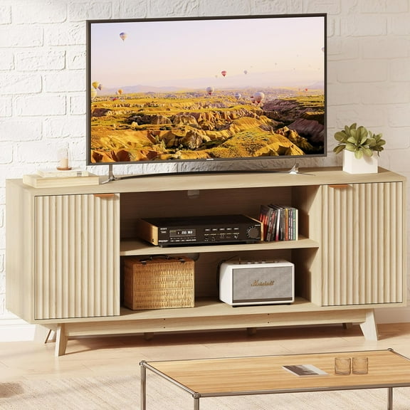EROMMY Fluted TV Stand, 59 Inches Entertainment Center with Storage, TV Media Console with 2 Fluted Doors & Adjustable Shelves Suitable for TVs up to 65'', Mid Century Modern