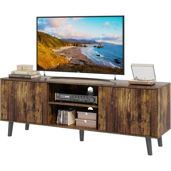 EROMMY Fluted TV Stand for 70 Inch TV, Modern Media Console with Sliding Doors & Hidden Storage, Mid-Century Design Entertainment Center for Living Room, Brown