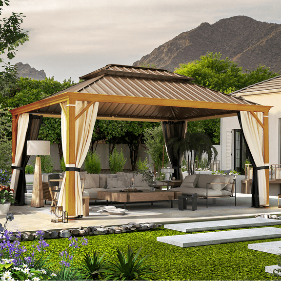 Erommy 12'x16’ Hardtop Gazebo, Wood Grain Aluminum Frame with Galvanized Steel Roof, Permanent Metal Pavilion with Curtains and Nettings for Patio, Backyard, Deck and Lawns