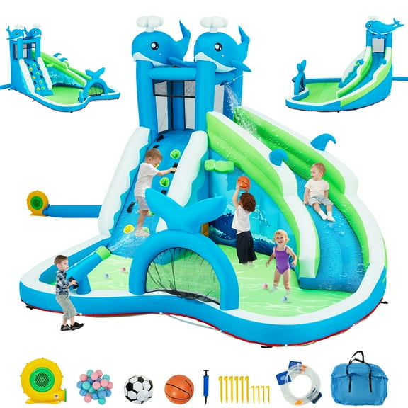 EROMMY Inflatable Water Slide, 6-in-1 Whale Outdoor Bounce House for Kids Aged 3-10 with Water Cannon, Climbing Wall, Basketball Hoop, Soccer Goal, Storage Bag, 480W Blower