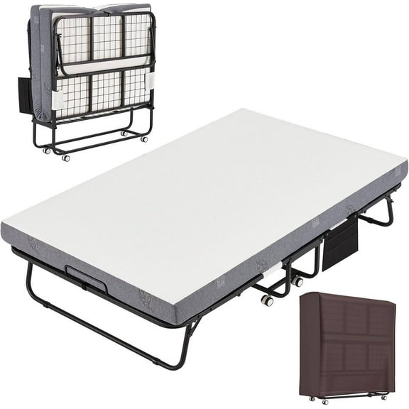 EROMMY Large 75" x 46"Folding Bed with Mattress,Foldable Rollaway Bed with Mattress for Adults, 5 Inch Memory Foam Mattress,Portable Beds with Metal Frame&Side Pocket