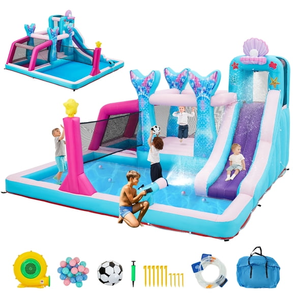 EROMMY Mermaid Inflatable Water Slide for 5 children, 7-in-1 Outdoor Bounce House for Kids Aged 3-10 with Water cannon, Climbing Wall, Trampoline, Volleyball Net, Storage Bag & 480W Blower