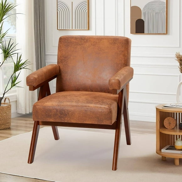 EROMMY Mid-Century Modern Accent Chair, Comfy Accent Chair with Solid Wood Frame,Upholstered Lounge Arm Chair with Plump Cushion,Easy Assembly Reading Leisure Chair for Living Room,Bedroom,Tan