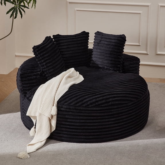 EROMMY Modern 55" Round Corduroy Lounge Chair, Oversized Circle Chaise Lounge, Upholstered Single Sofa for Living Room, Bedroom, and Reading Nook, Black