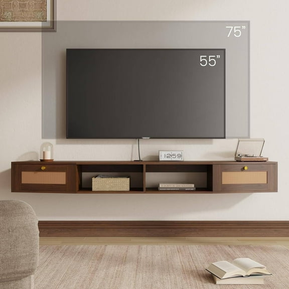 EROMMY Modern Rattan Floating TV Stand for TVs up to 80 Inches, Entertainment Center, 70 inch, Caramel Oak
