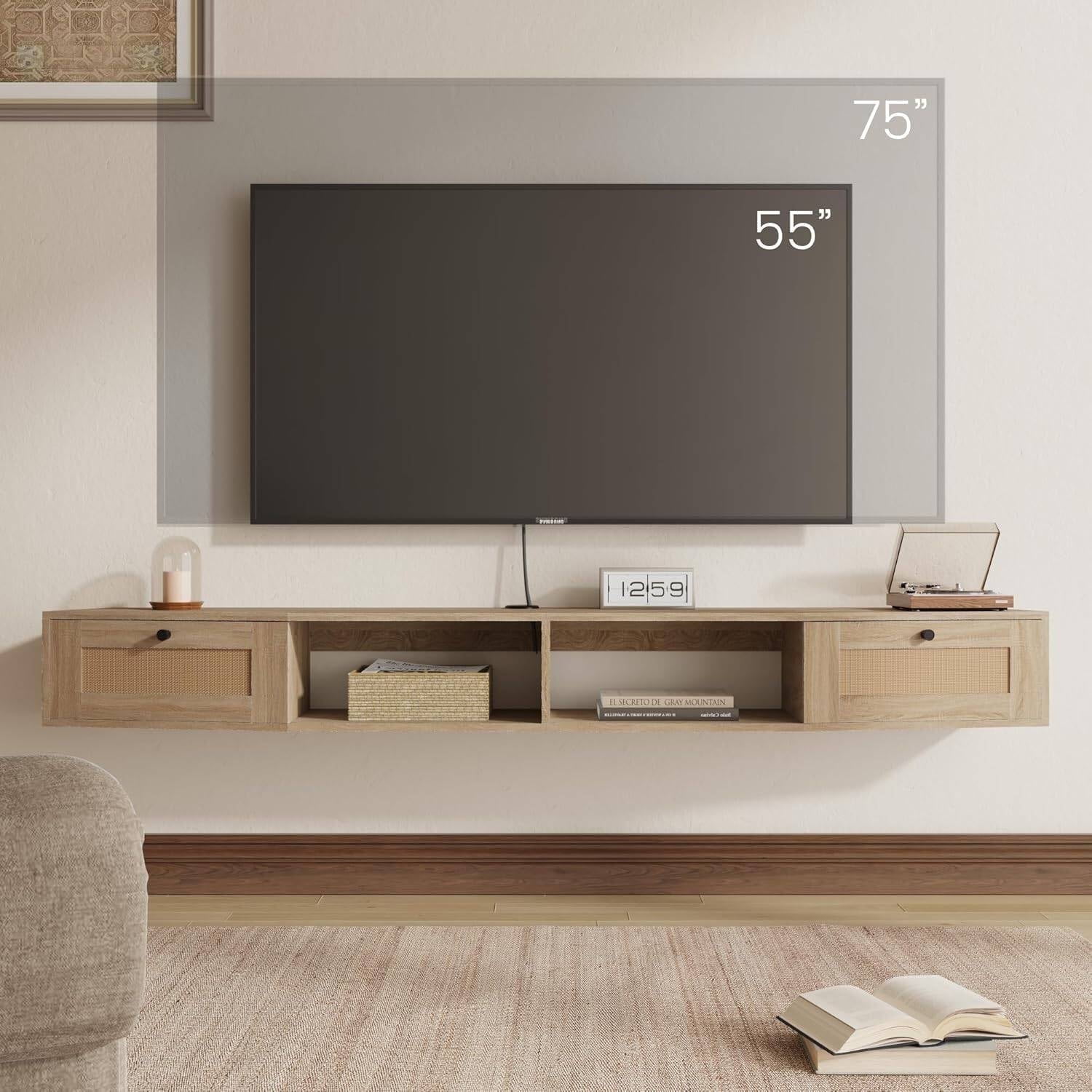 EROMMY Modern Rattan Floating TV Stand for TVs up to 80 Inches, Entertainment Center, 70 inch, Oak