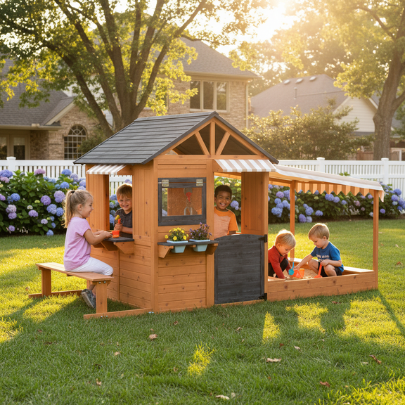 EROMMY Outdoor Playhouse with Sandbox, Bench and Play Kitchen, Backyard Garden Cottage with Canopy, 105" x 48" x 60", Brown