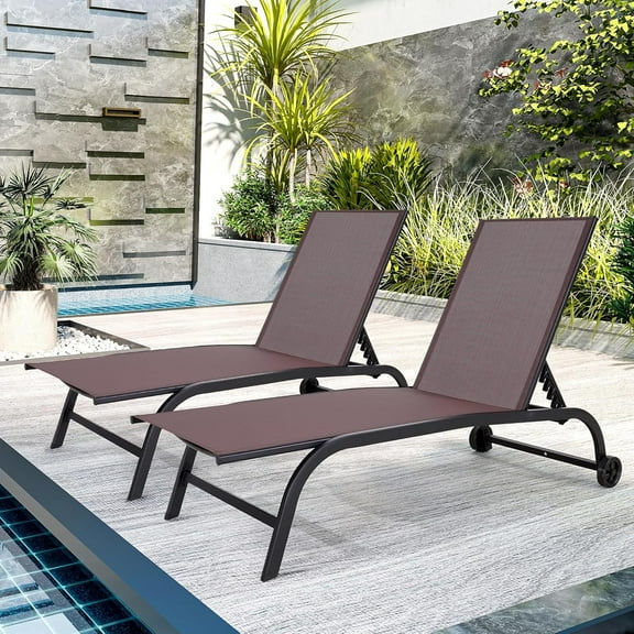 EROMMY Patio Chaise Lounge Chair Set of 2 with Wheels, Oversized 26" W Outdoor Lounge Chairs with Adjustable Backrest, Waterproof Poolside Lounge Chairs