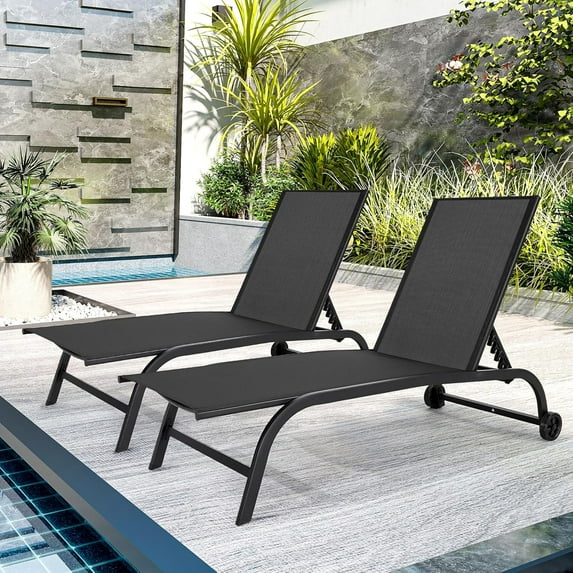 EROMMY Patio Chaise Lounge Chair Set of 2 with Wheels, Oversized 26" W Outdoor Lounge Chairs with Adjustable Backrest, Waterproof Poolside Lounge Chairs