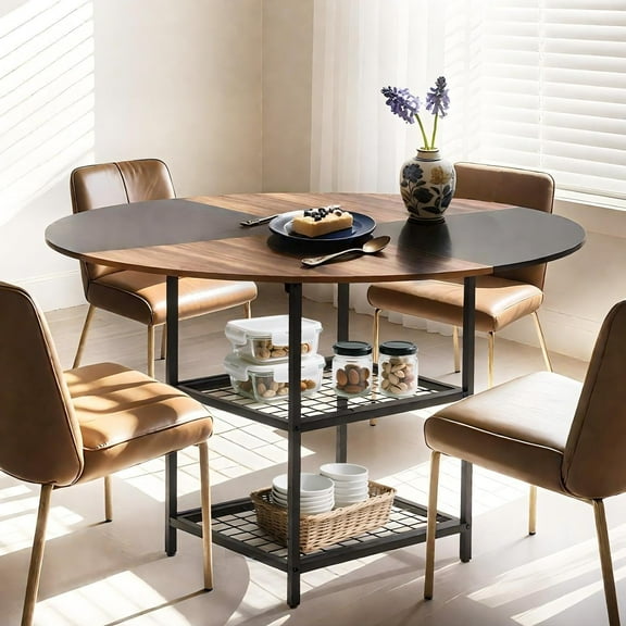 EROMMY Round Dining Table for 4, 47" Wood Kitchen Table with Storage Shelves, Farmhouse Dinner Table for Home Dining Room Kitchen Living Room, Black Rustic Brown(Only Table)