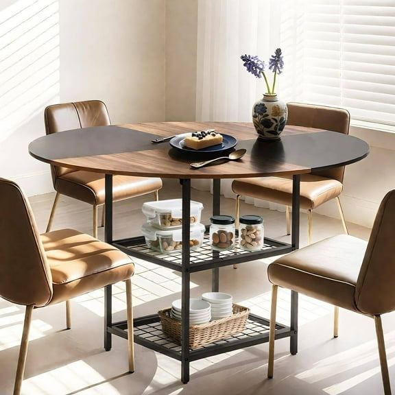 EROMMY Round Dining Table for 4, Wood Kitchen Table with Storage Shelves, Farmhouse Dinner Table for Home Dining Room Kitchen Living Room, Black Rustic Brown(Only Table)