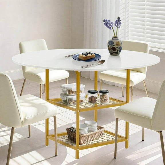 EROMMY Round Dining Table for 4, Wood Kitchen Table with Storage Shelves, Modern Dinner Table for Home Dining Room Kitchen Living Room, White Gold(Only Table)