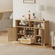 EROMMY Wine Bar Cabinet, 51" Rattan Sideboard Buffet Cabinet with Wine Rack and Cup Holders, Natural Oak