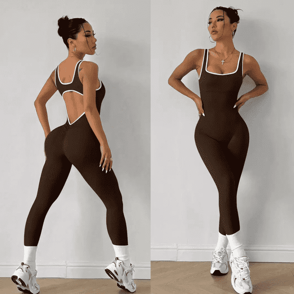 EROSEL Seamless Yoga 1 Piece Bodysuit with a Stylish Open-Back Design, Perfect for Shaping And Lifting Sports Workout Set Jumpsuit (Brown, Large)