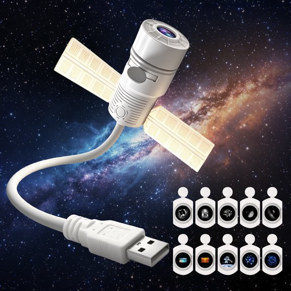 EROSHOO 2-in-1 HD Galaxy Animals USB Projector Night Light, 360° Rotating Design, Space Station with 10 Sliding Projection Films, Gift Box