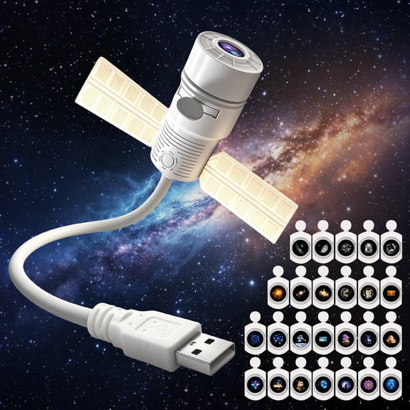 EROSHOO 2-in-1 HD Galaxy Animals USB Projector Night Light, 360 Rotating Design, Space Station with 25 Sliding Projection Films, Gift Box