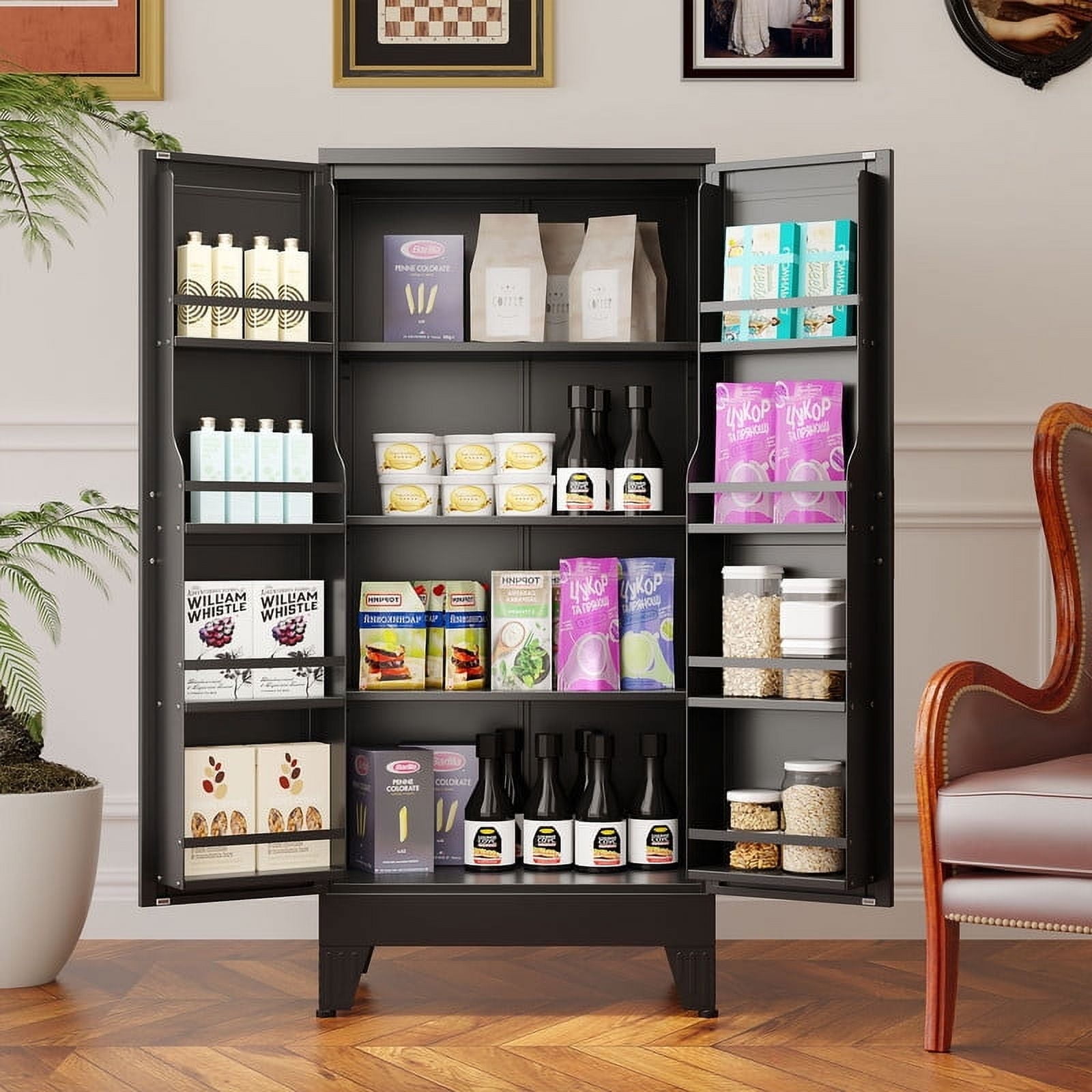 EROSOEI Sturdy Metal Kitchen Food Pantry Storage Cabinet with 2 Doors and 3 Adjustable Shelves