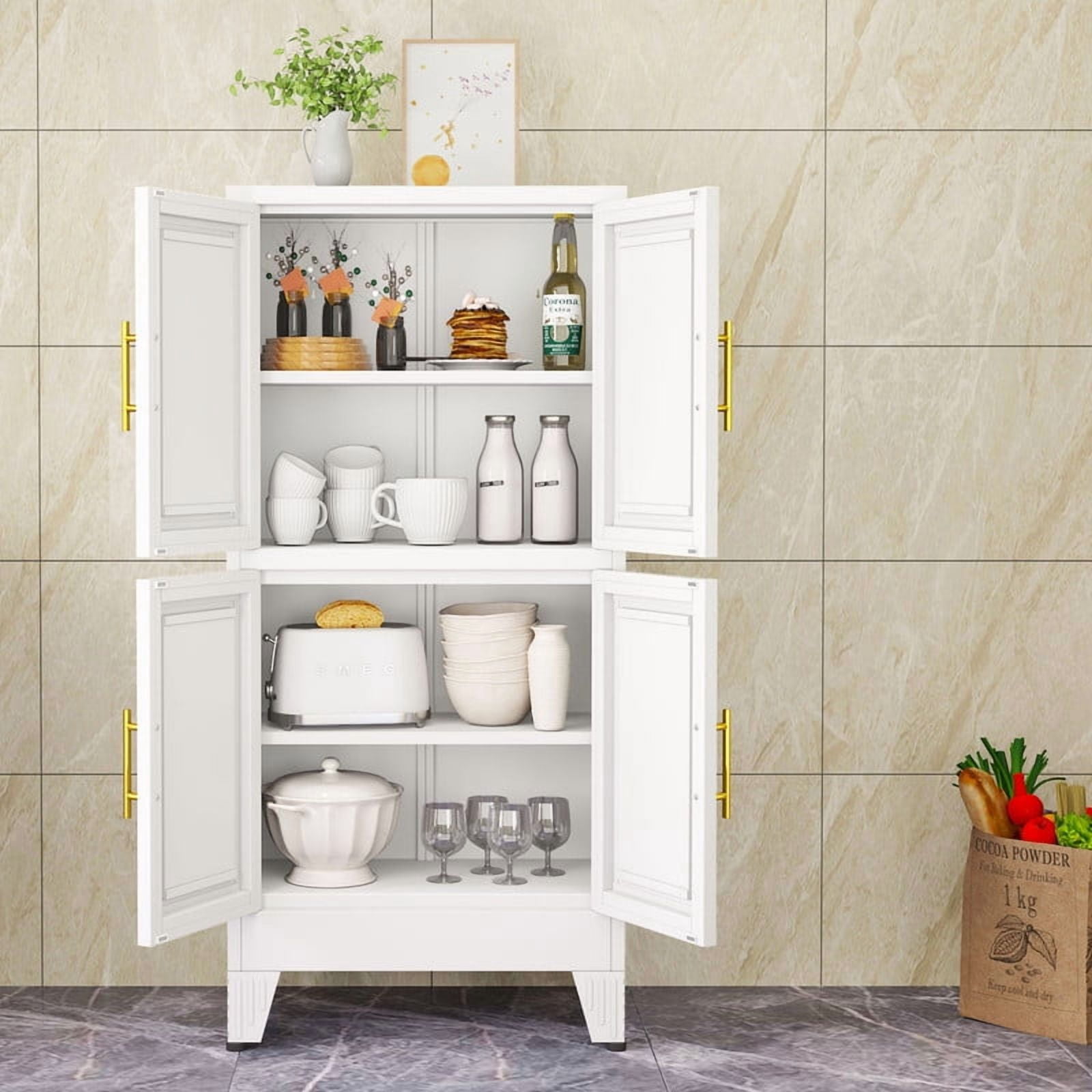 EROSOEI Sturdy Metal Pantry Storage Cabinet with Doors and Shelves Black White