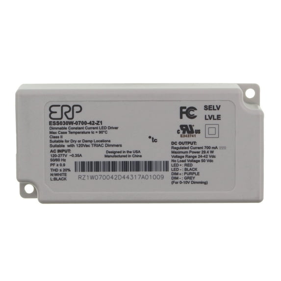 ERP Power ESS030W-0700-42-Z1 Dimmable SELV Constant Current LED Driver, 30W 24-42Vdc 700mA, 120/277V