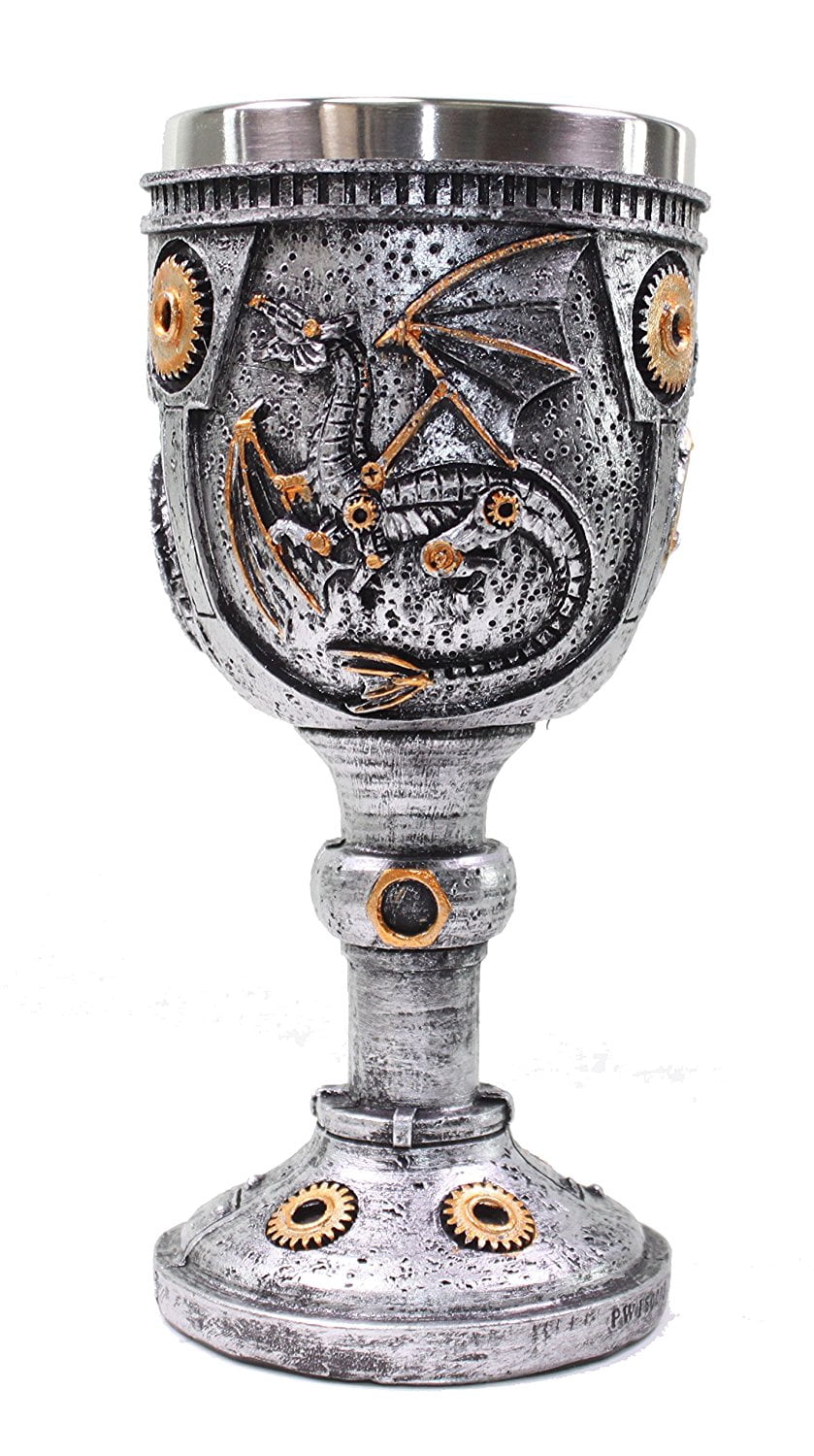 ERROR Mythical Silver Royal Dragon Wine Goblet Skulls Steampunk with Gears Collectible Halloween Party Home Decor Gift