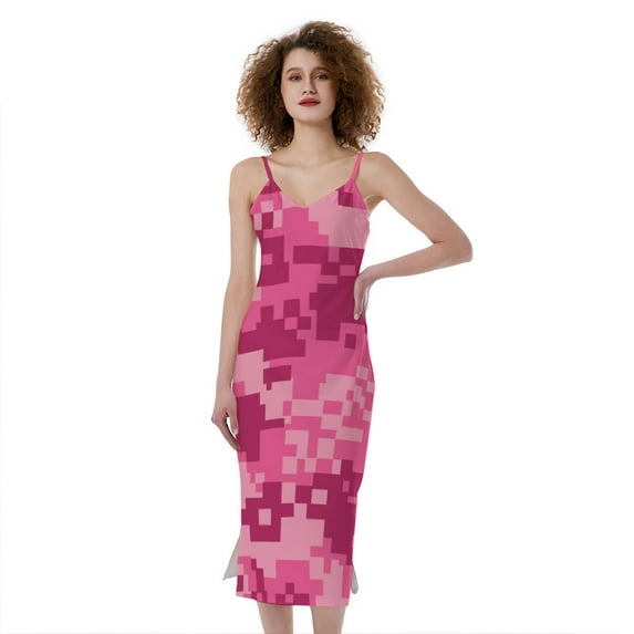 Pink Digital Camo Pattern Print Slim Fit Midi Cami Dress, Camo Camouflage Fashion Summer Maxi Sexy Casual Dress For Women