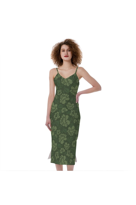 Military Green Camo Flower Pattern Print Slim Fit Midi Cami Dress, Camo Camouflage Fashion Summer Maxi Sexy Casual Dress For Women