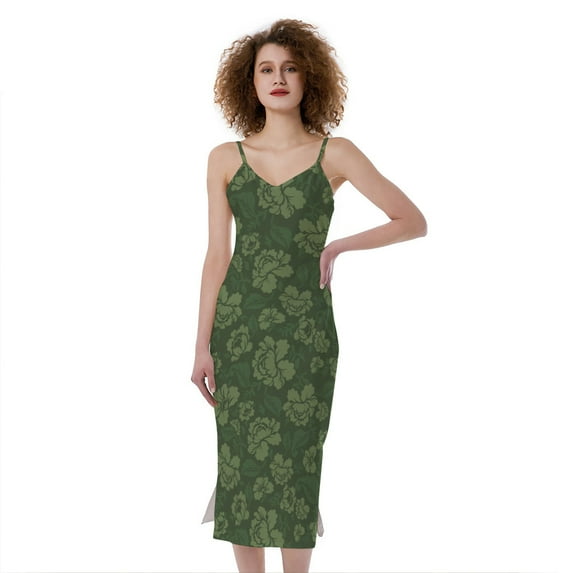Military Green Camo Flower Pattern Print Slim Fit Midi Cami Dress, Camo Camouflage Fashion Summer Maxi Sexy Casual Dress For Women
