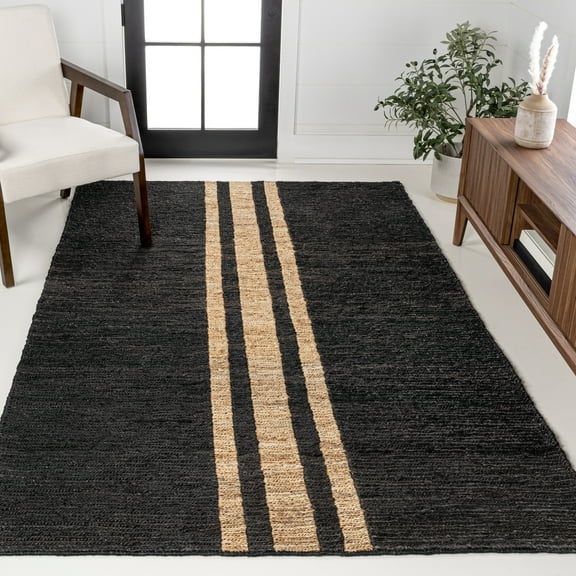 JONATHAN Y NATURAL FIBER 3 x 5 Area Rug, Olivier Rustic Farmhouse Stripe Jute - Black/Natural, NRF200B-3