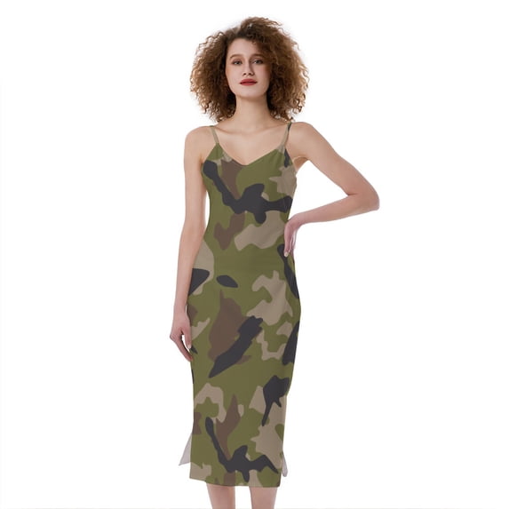 Desert Green Camouflage Print Slim Fit Midi Cami Dress, Camo Camouflage Fashion Summer Maxi Sexy Casual Dress For Women
