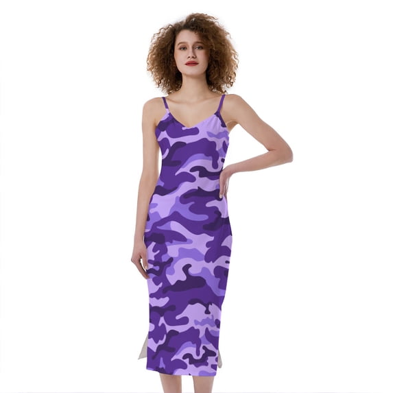 Purple Camouflage Print Slim Fit Midi Cami Dress, Camo Camouflage Fashion Summer Maxi Sexy Casual Dress For Women
