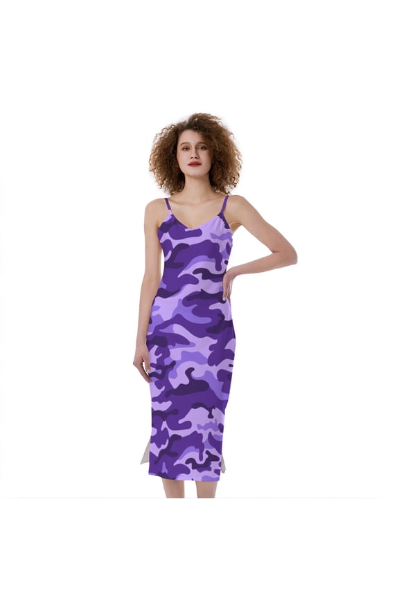 Purple Camouflage Print Slim Fit Midi Cami Dress, Camo Camouflage Fashion Summer Maxi Sexy Casual Dress For Women