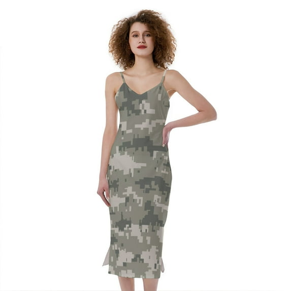 Beige Digital Camo Pattern Print Slim Fit Midi Cami Dress, Camo Camouflage Fashion Summer Maxi Sexy Casual Dress For Women