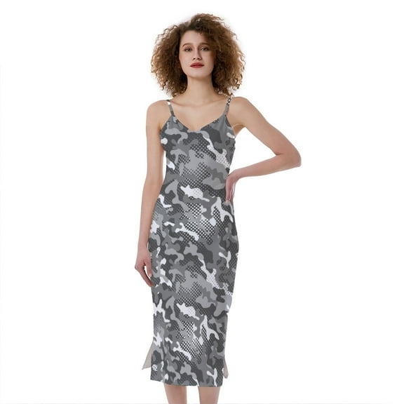 Camouflage Dazzle Pattern Print Slim Fit Midi Cami Dress, Camo Camouflage Fashion Summer Maxi Sexy Casual Dress For Women