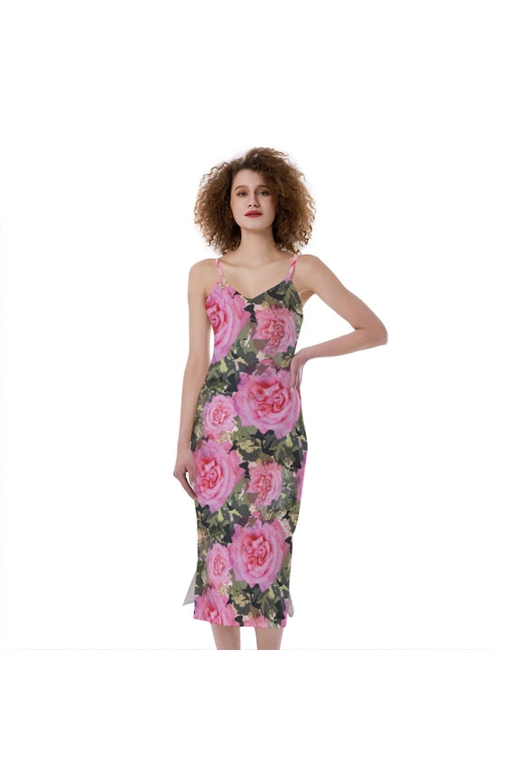 Military Camouflage Flower Pattern Print Slim Fit Midi Cami Dress, Camo Camouflage Fashion Summer Maxi Sexy Casual Dress For Women